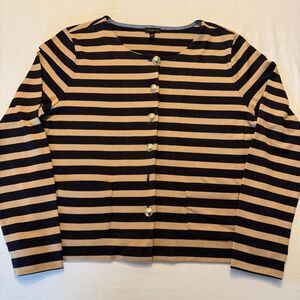 Talbots | Navy Camel Stripe Cotton Cardigan Sweater |Gold Buttons | Large